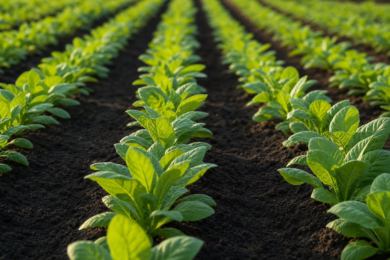 Cazador de Sueños - Semillero de tabaco con plantas jóvenes vibrantes en hileras simétricas para cultivo premium en República Dominicana